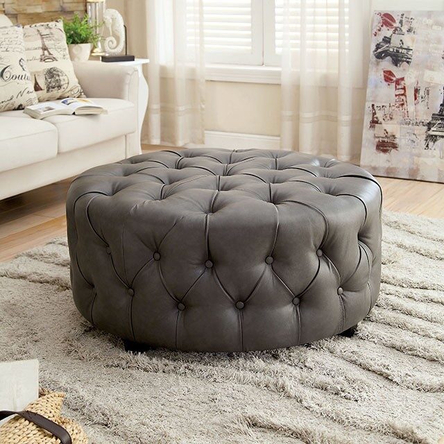 Gray button tufted bonded leather contemporary ottoman by Furniture of America