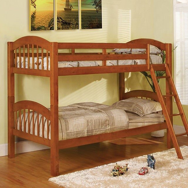 Picket fence design twin/twin bunk bed in oak finish by Furniture of America