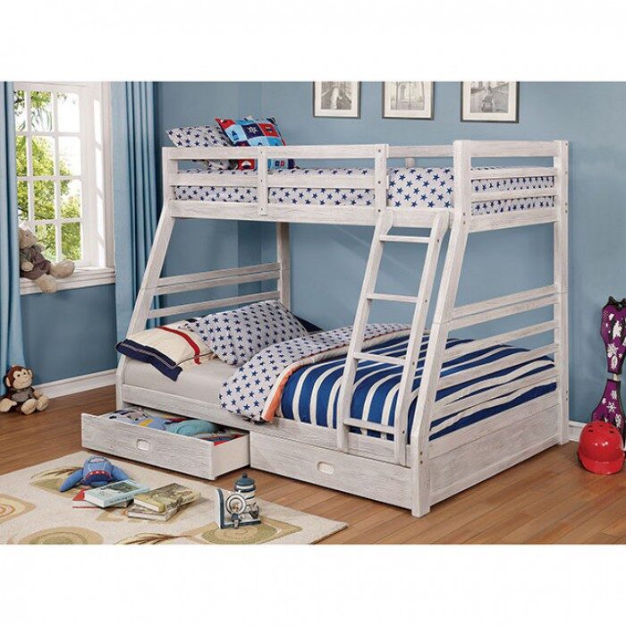 Twin/full bunk kids bed w/ 2 drawers in wire-brushed white by Furniture of America