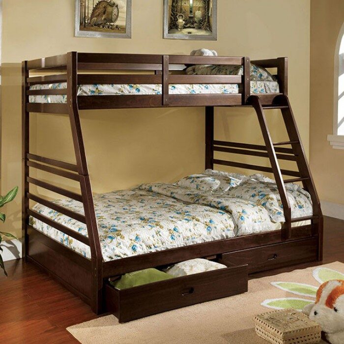 Twin/full bunk bed in dark walnut finish w/ two drawers by Furniture of America