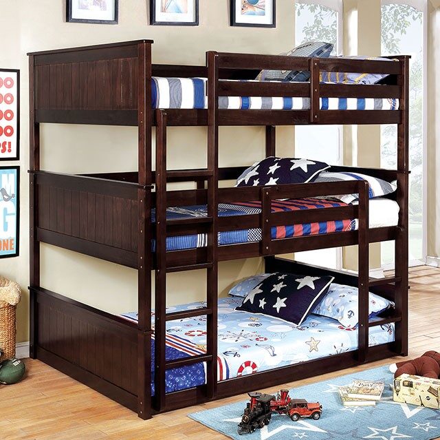 3-tiered full bunk bed in dark walnut finish by Furniture of America