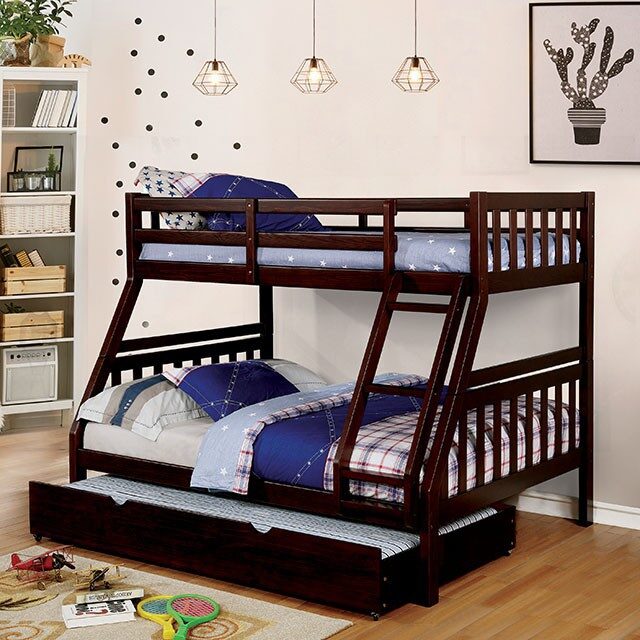 Dark walnut finish transitional twin/full bunk bed by Furniture of America