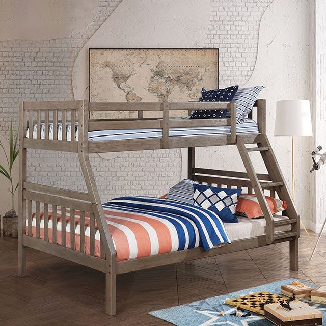 Wire-brushed warm gray finish transitional twin/full bunk bed by Furniture of America