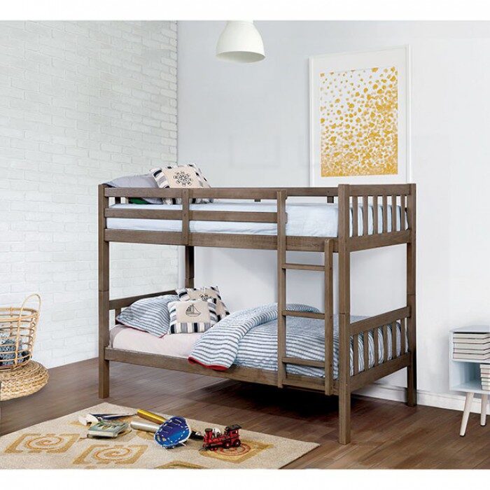 Wire-brushed warm gray finish transitional twin/twin bunk bed by Furniture of America