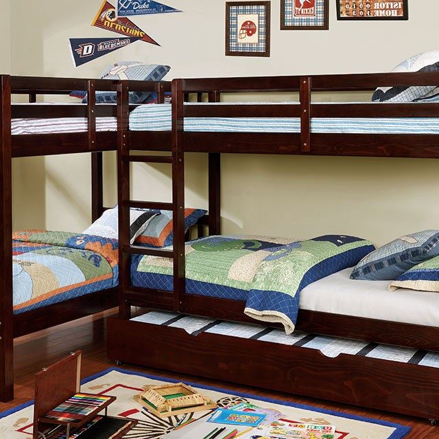 L-shaped quadruple twin bunk bed in dark walnut finish by Furniture of America