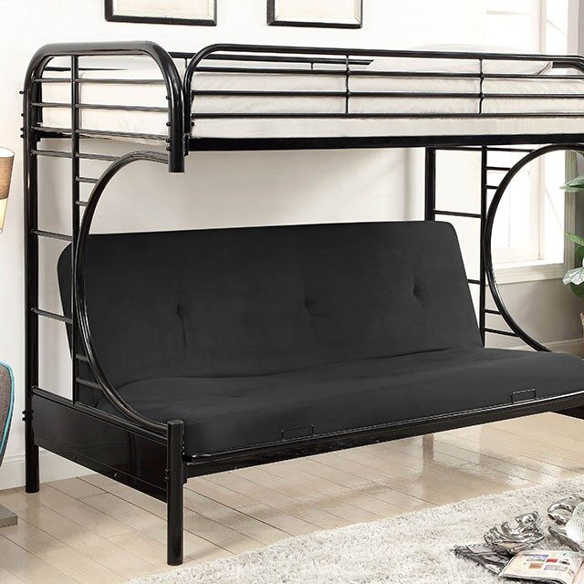 Black finish twin/twin bunk bed w/ futon bottom bunk by Furniture of America