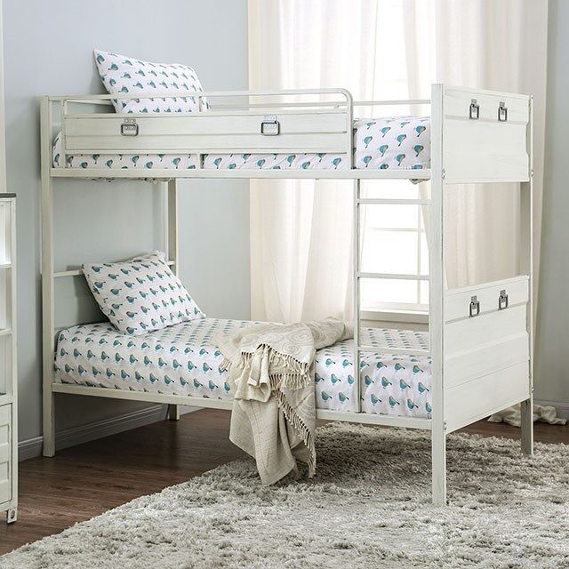 White full metal constructed twin/twin bunk bed by Furniture of America