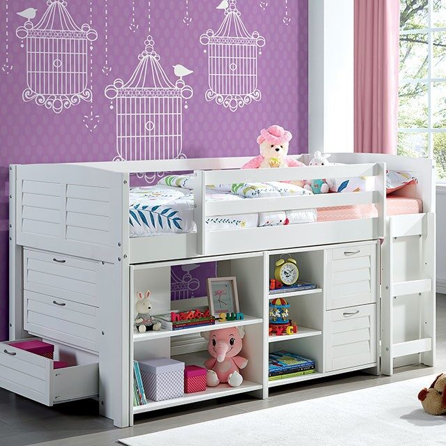 White sturdy construction twin loft bed set by Furniture of America