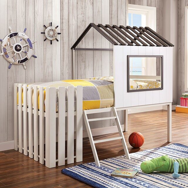 House design twin bunk kids bed in white/ gray finish by Furniture of America