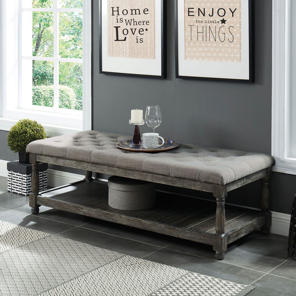 Gray linen fabric traditional bench by Furniture of America
