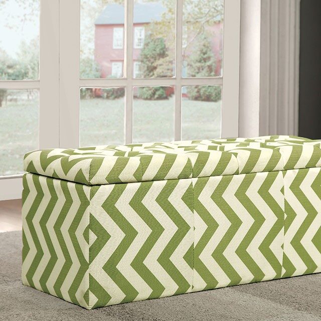 Green chevron printed fabric storage ottoman by Furniture of America