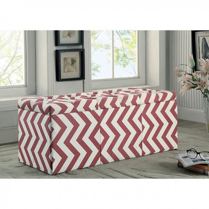 Red chevron printed fabric storage ottoman by Furniture of America