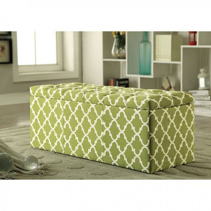 Green quatrefoil patterns storage ottoman by Furniture of America
