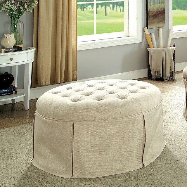 Beige button tufted fabric transitional round ottoman by Furniture of America