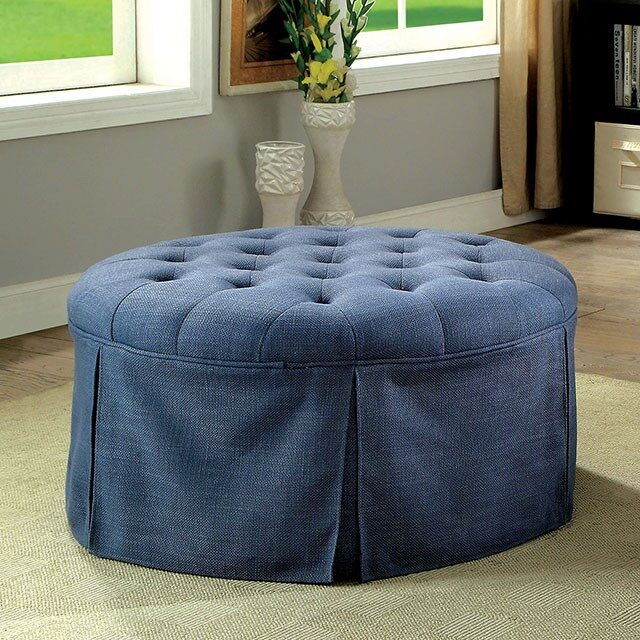 Blue button tufted fabric transitional round ottoman by Furniture of America