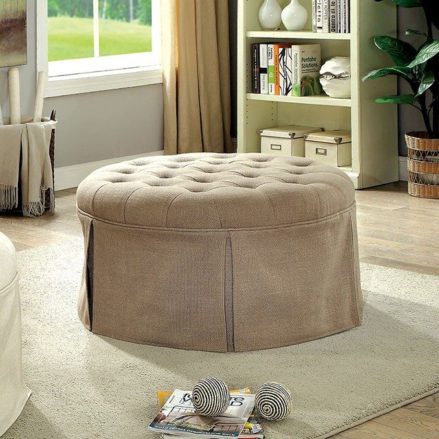 Brown button tufted fabric transitional round ottoman by Furniture of America