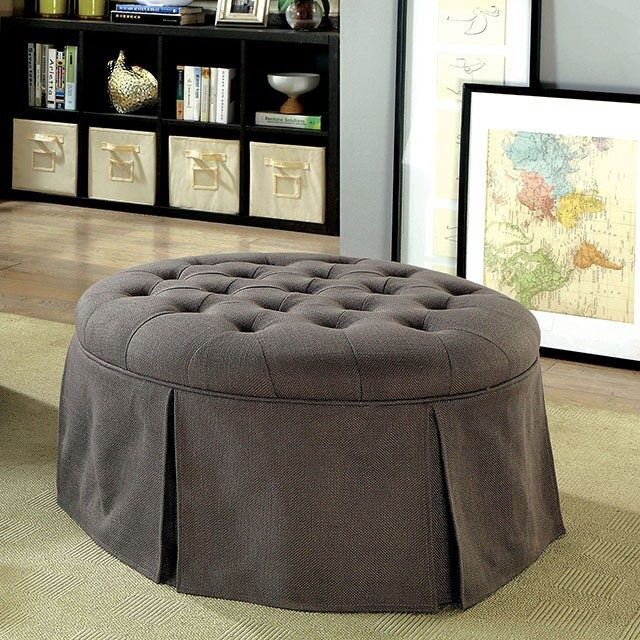 Gray button tufted fabric transitional round ottoman by Furniture of America