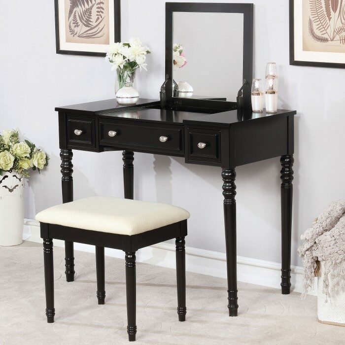 Black finish transitional vanity w/ stool by Furniture of America