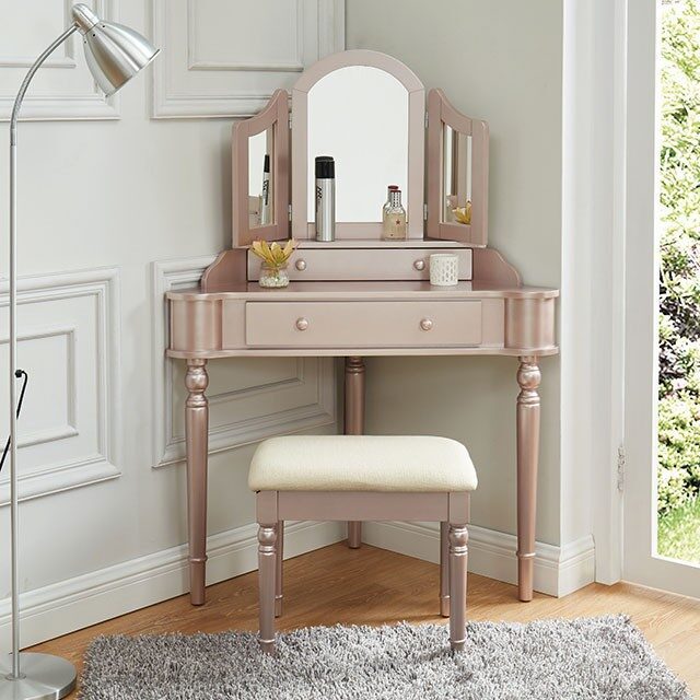 Rose pink contemporary vanity w/ stool by Furniture of America