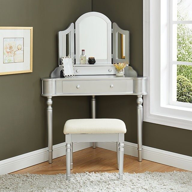 Silver finish contemporary vanity w/ stool by Furniture of America