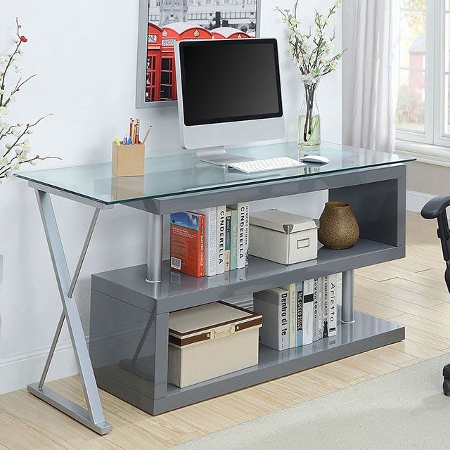 Gray/ 10mm tempered glass contemporary desk by Furniture of America
