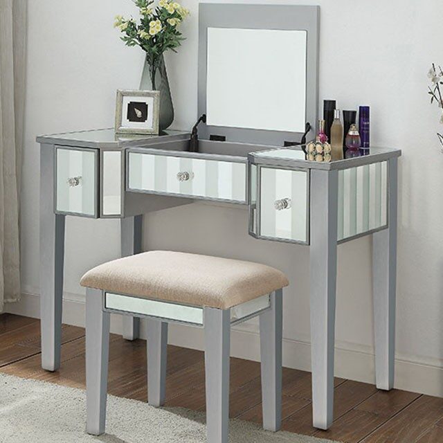 Silver finish transitional vanity w/ stool by Furniture of America