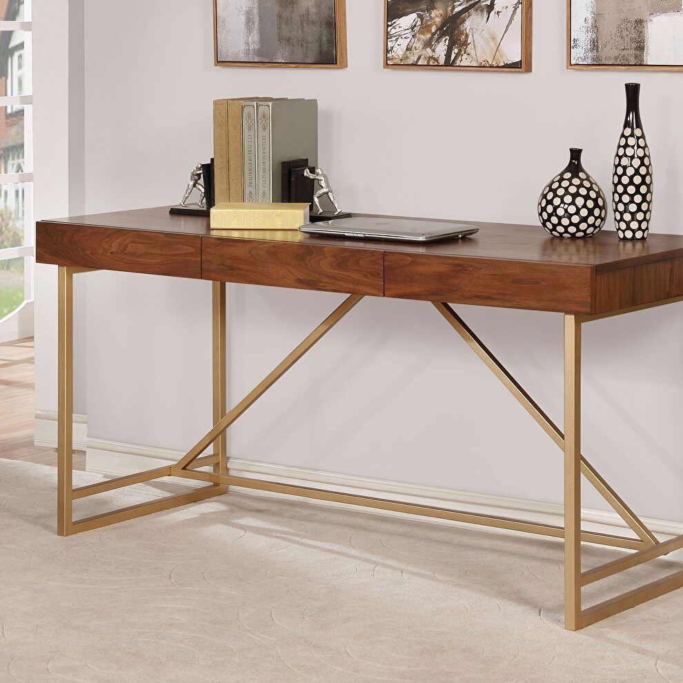 Light walnut/gold contemporary desk by Furniture of America