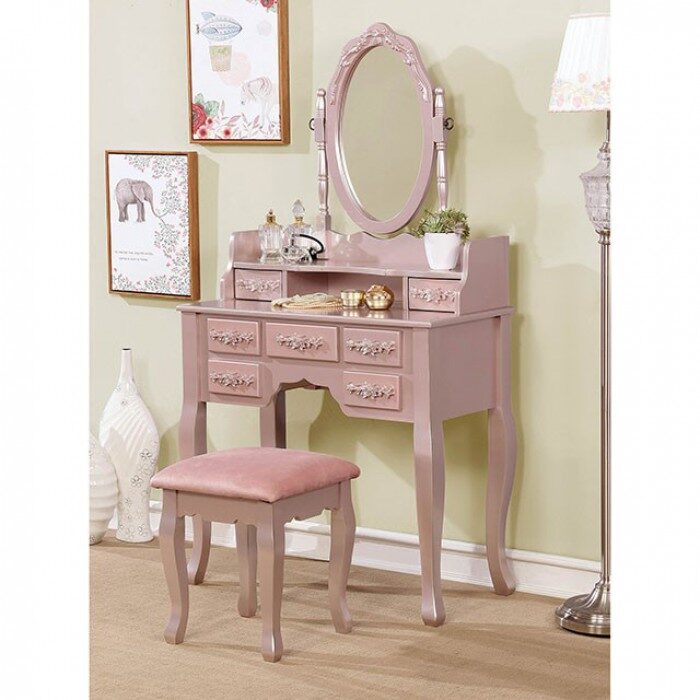 Rose gold finish floral accents vanity w/ stool by Furniture of America