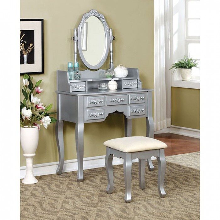 Silver finish floral accents vanity w/ stool by Furniture of America