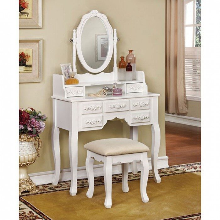 White finish floral accents vanity w/ stool by Furniture of America