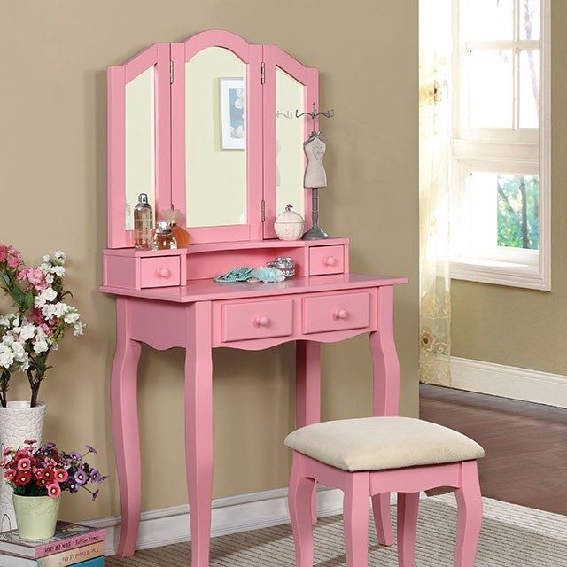 Pink finish transitional vanity w/ stool by Furniture of America
