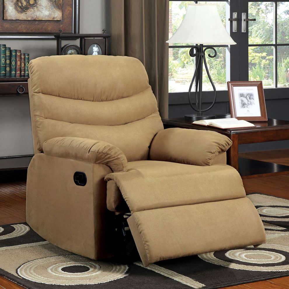 Comfortable tan recliner chair by Furniture of America