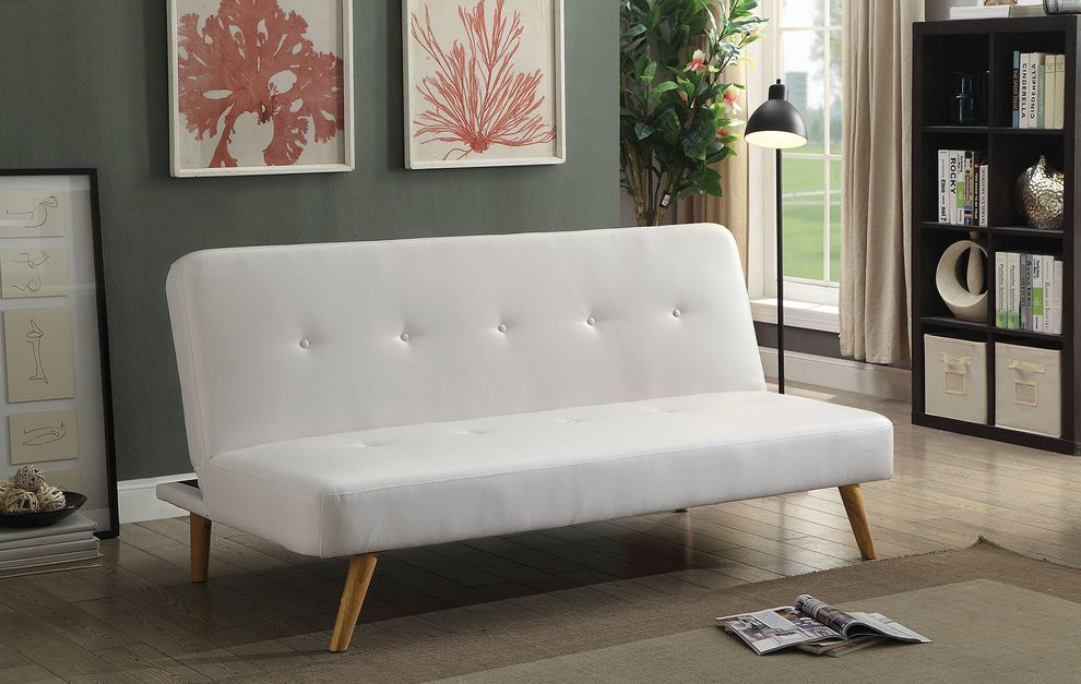 White leatherette / natural wood legs sofa bed by Furniture of America