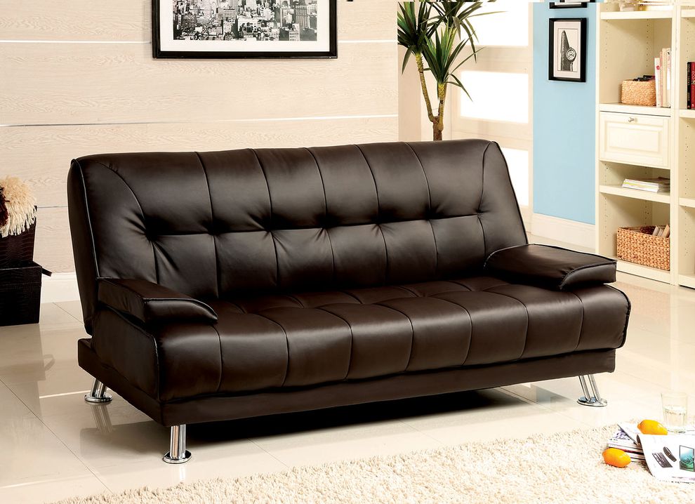 Dark Brown/Chrome Contemporary Leatherette Futon Sofa by Furniture of America