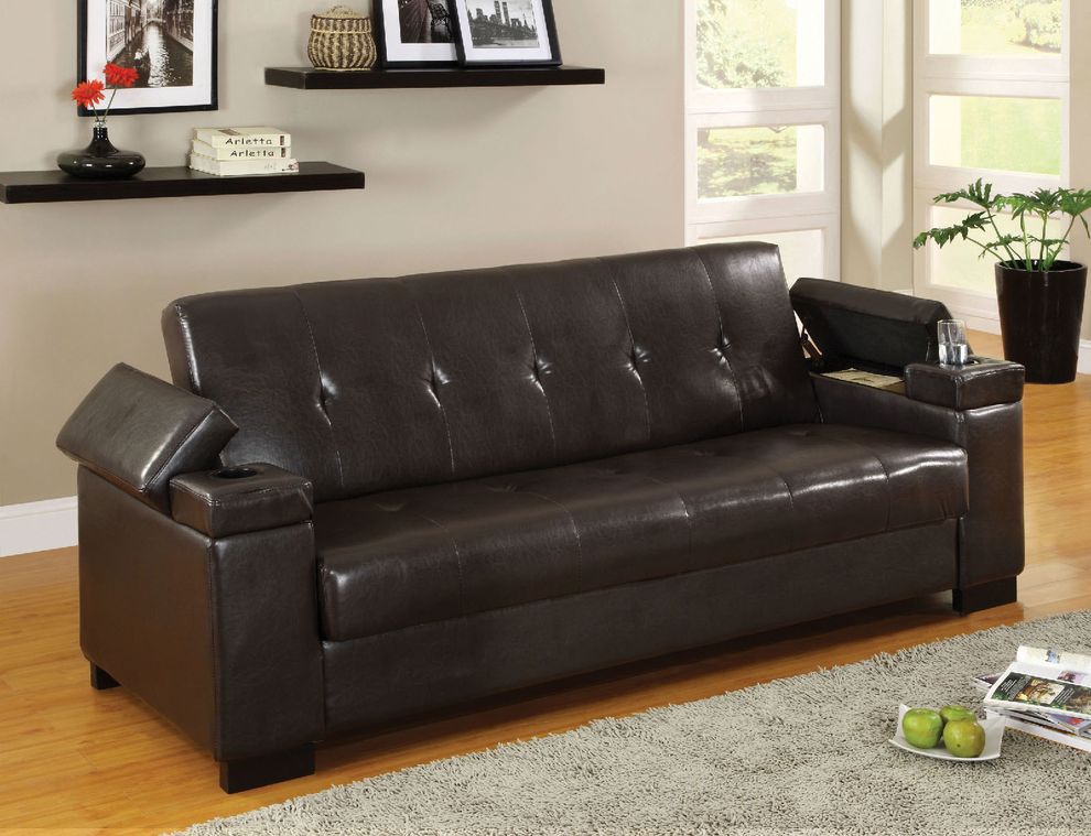 Dark espresso sofa bed w/ cup holders by Furniture of America