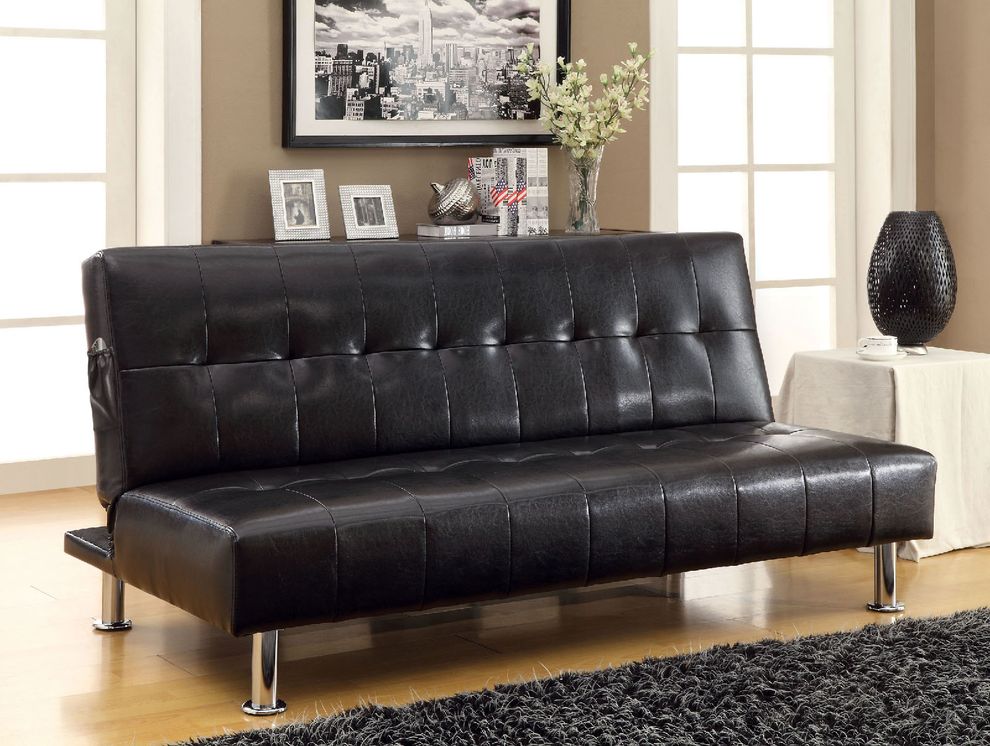Black/Chrome Contemporary Leatherette Futon Sofa by Furniture of America