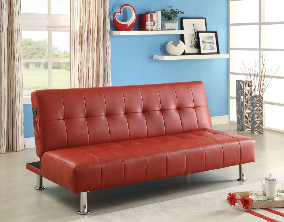 Red/Chrome Contemporary Leatherette Futon Sofa by Furniture of America