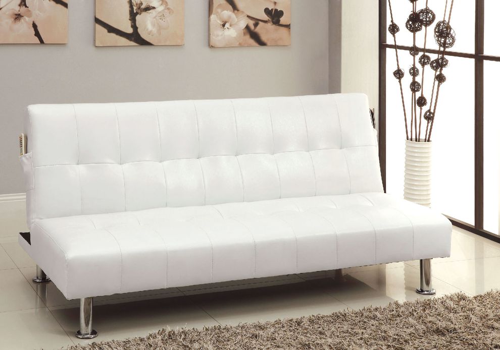 White/Chrome Contemporary Leatherette Futon Sofa by Furniture of America