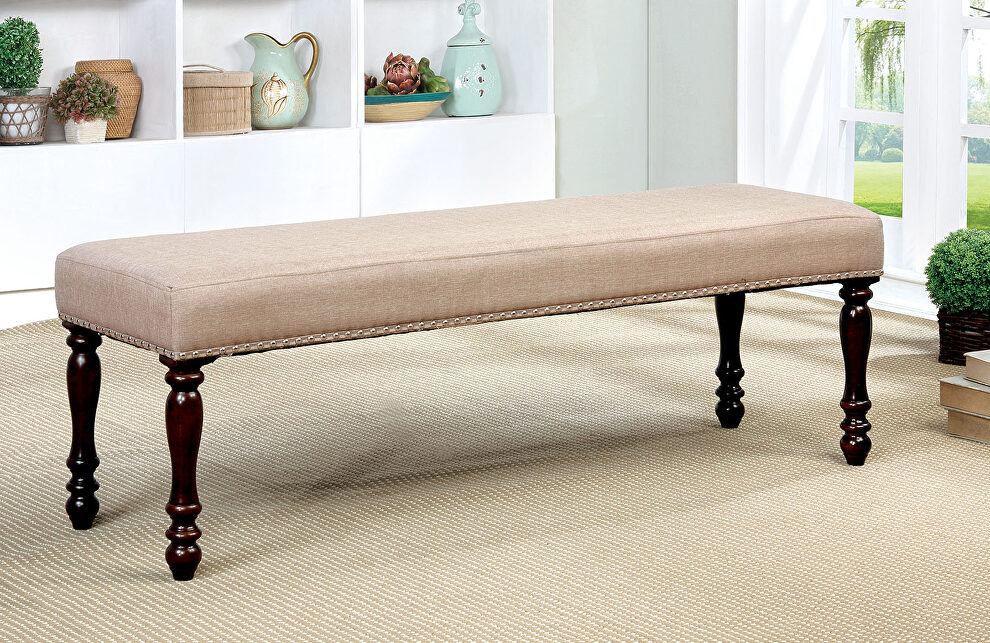 Beige padded fabric bench by Furniture of America