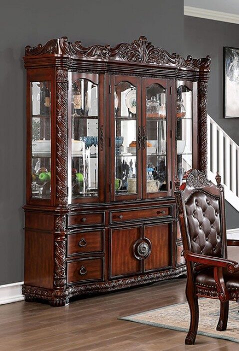 Beautiful twisted rope carvings hutch & buffet in brown cherry finish by Furniture of America