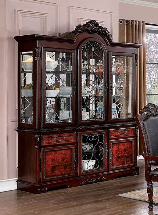 Faux wood carved details hutch & buffet in brown cherry finish by Furniture of America
