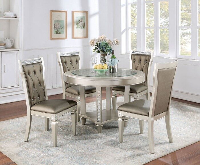 Clear tempered glass top round dining table in champagne finish by Furniture of America