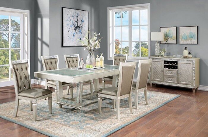 Clear tempered glass top dining table in champagne finish w/ leaf by Furniture of America