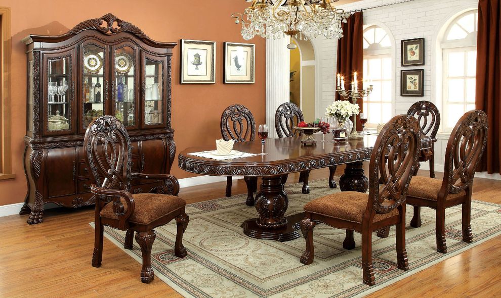 Royal style cherry brown finish family size dining table by Furniture of America
