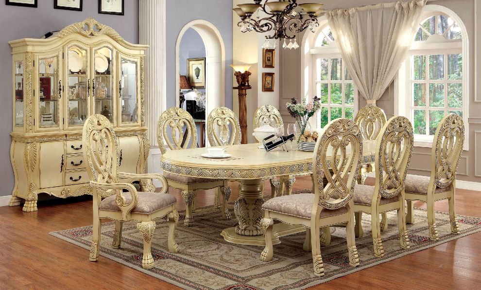 Royal style antique white finish family size dining table by Furniture of America