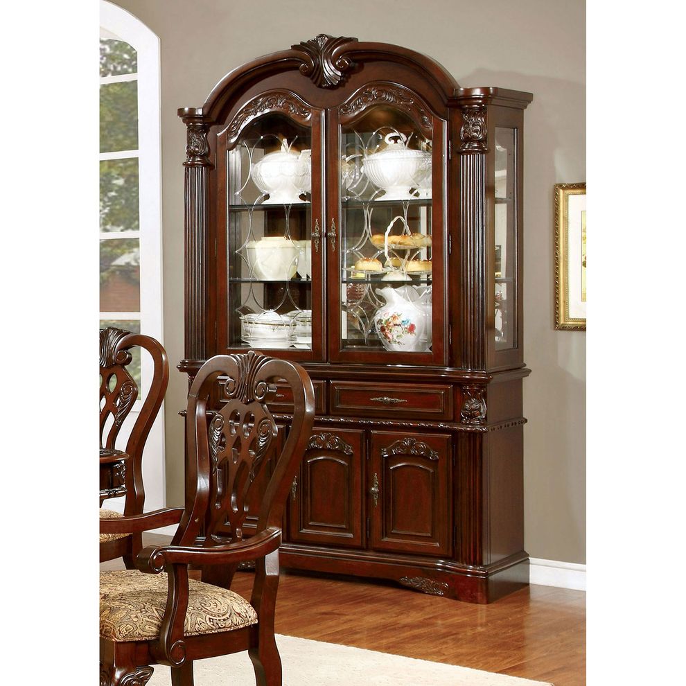 Traditional brown cherry wood buffet + hutch by Furniture of America