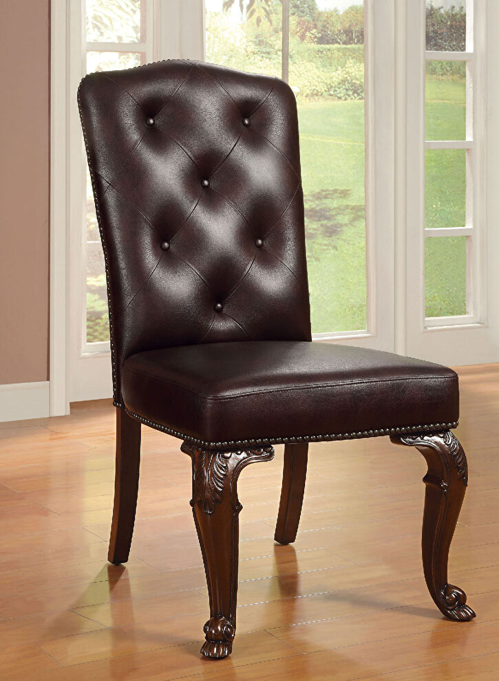 Brown cherry leather seat & tufted back dining chair by Furniture of America
