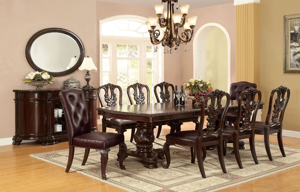 Brown cherry traditional double pedestal table by Furniture of America