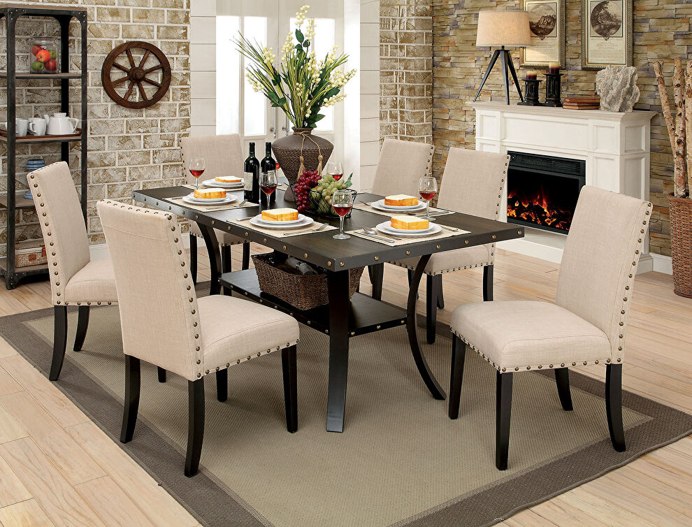 Light walnut/ beige industrial dining table by Furniture of America
