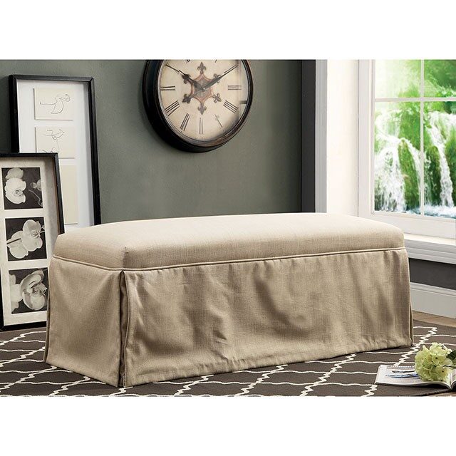 Beige linen-like fabric transitional bench by Furniture of America